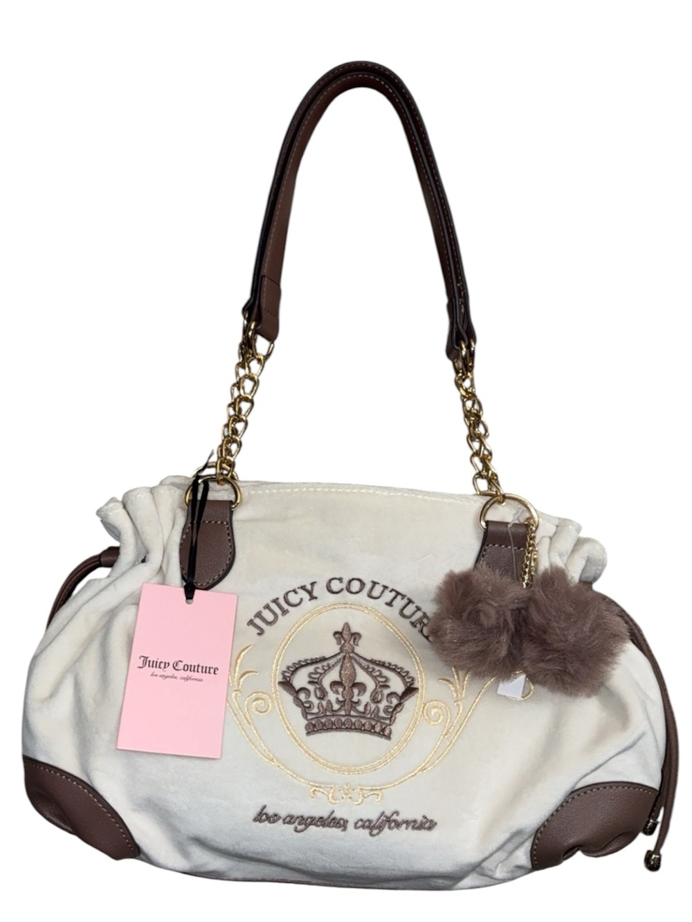 Juicy Couture Cream & Brown Crown Logo Shoulder Bag with Pom Pom Charm
